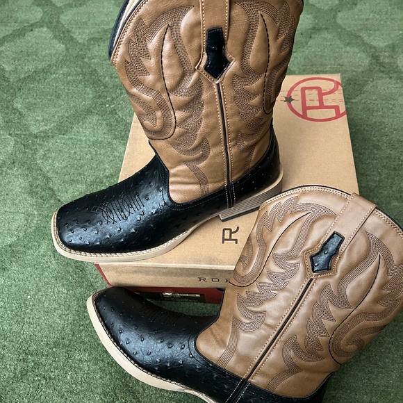 Roper Cowboy Boots Black Tan Leather Square Toe Size 13 - Picture 3 of 5